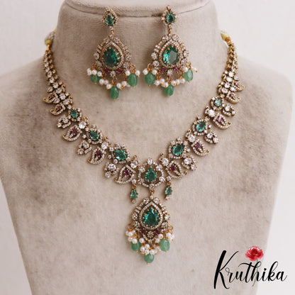 Sparkling Mango Motifs AD Victorian Necklace With Green Bead Drops NC2856 (Available In 2 Colors)