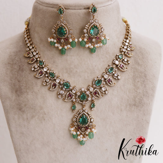 Sparkling Mango Motifs AD Victorian Necklace With Green Bead Drops NC2856 (Available In 2 Colors)