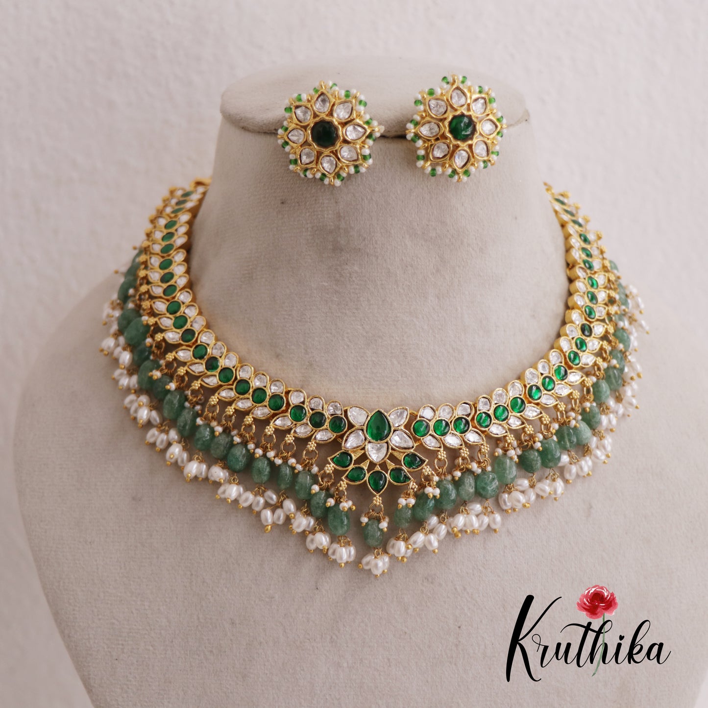 Stunning Floral Motifs Jadau Choker With Pearl And Bead Drops NC2604
