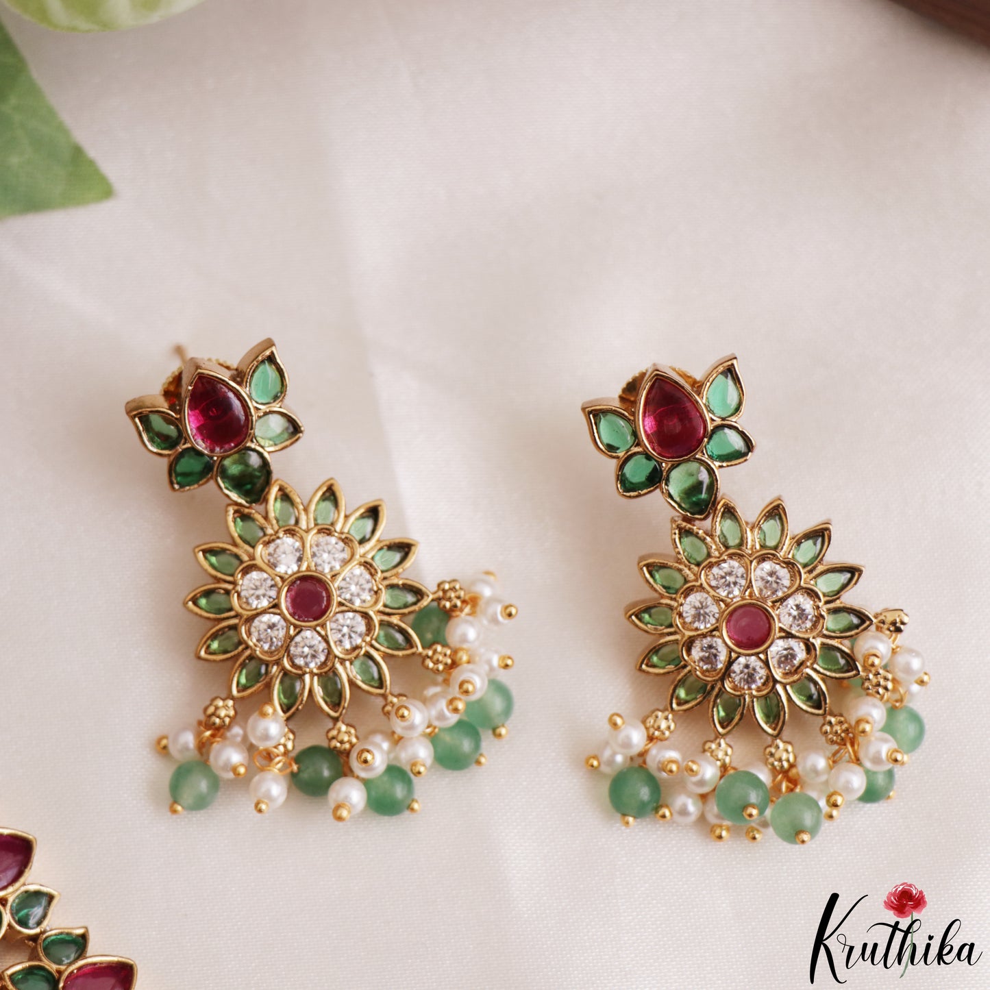 Gorgeous Floral Motifs Jadau Necklace With Green Bead Drops NC3218 (Available In 3 Colors)