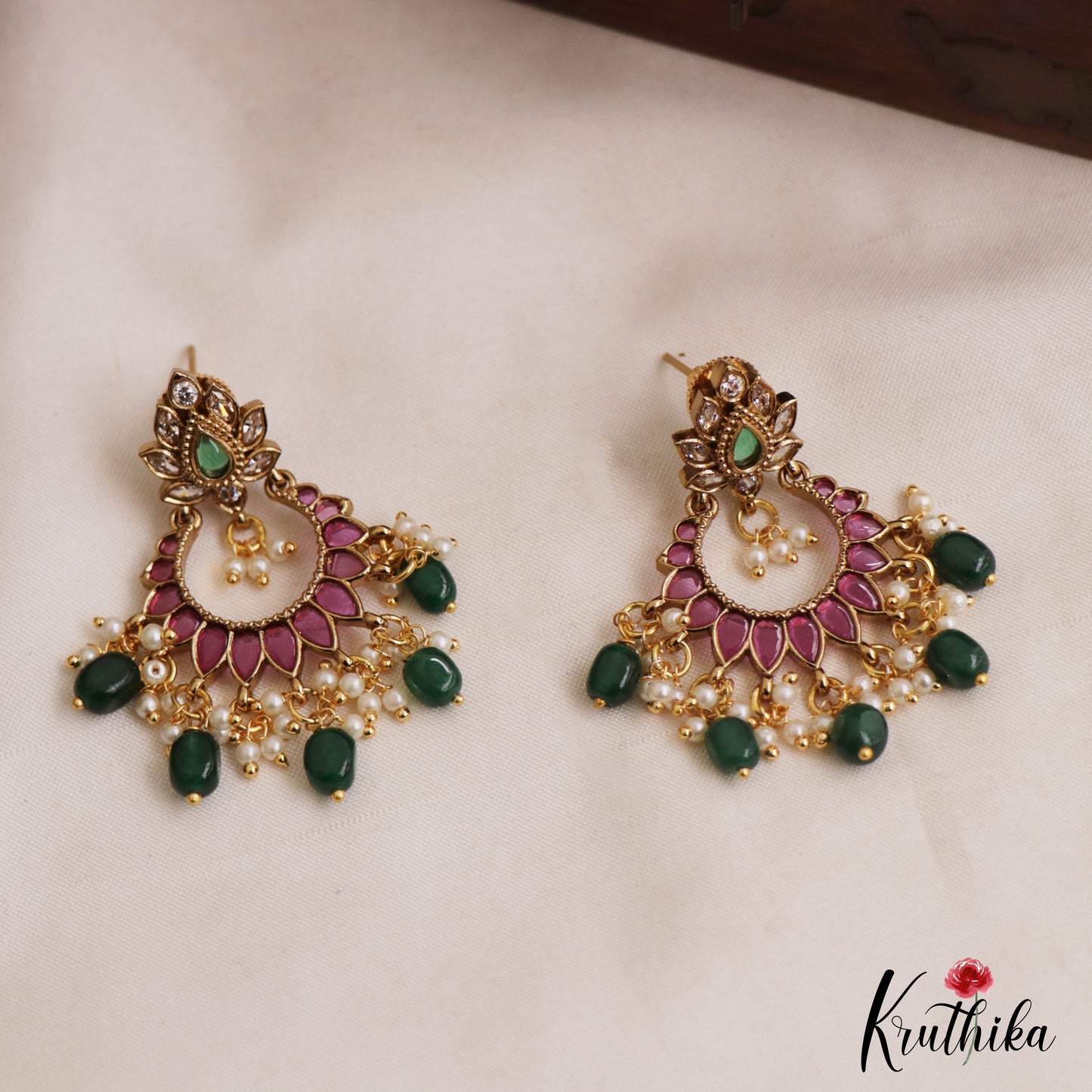 Pretty Floral Motifs Chandbali Earrings With Bead Drops E1092 (Available In 2 Colors)