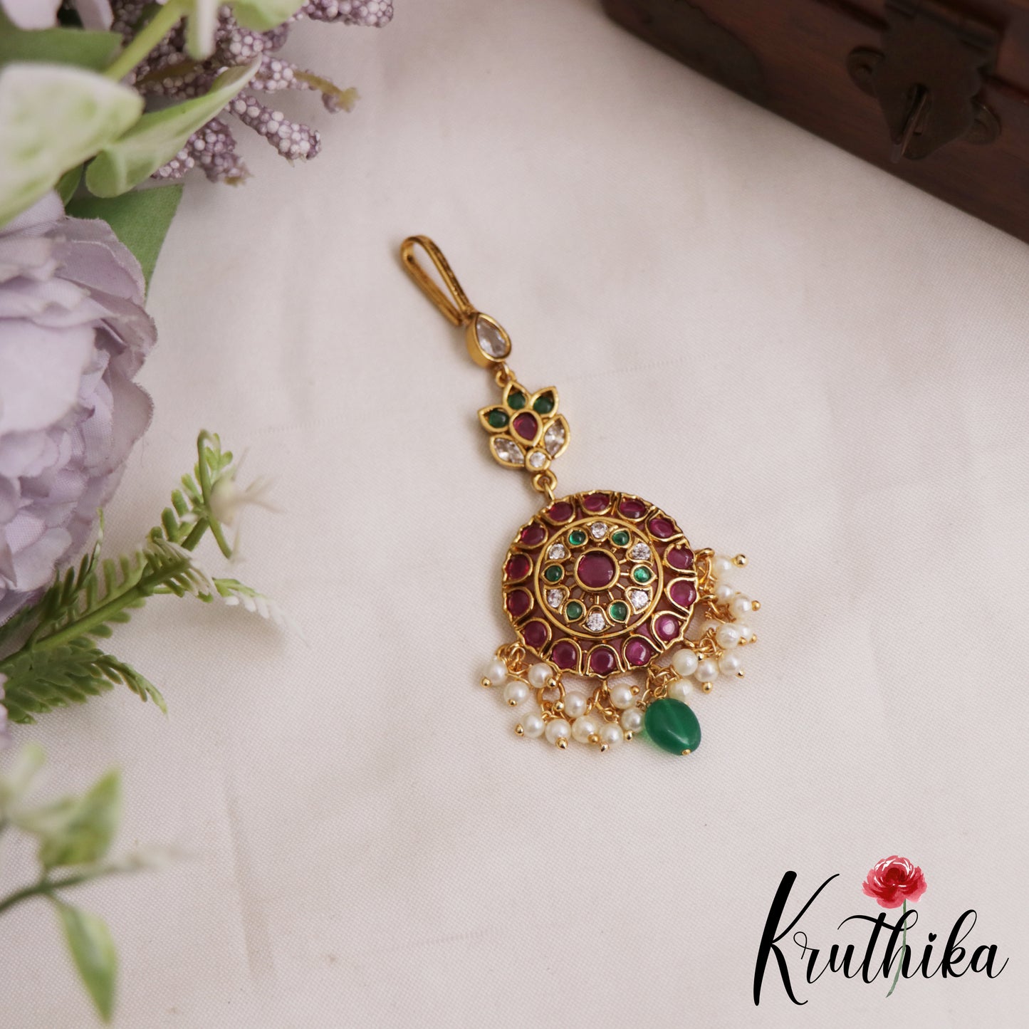 Elegant Floral Motifs Jadau Maang Tikka With Green Bead Drop MT375