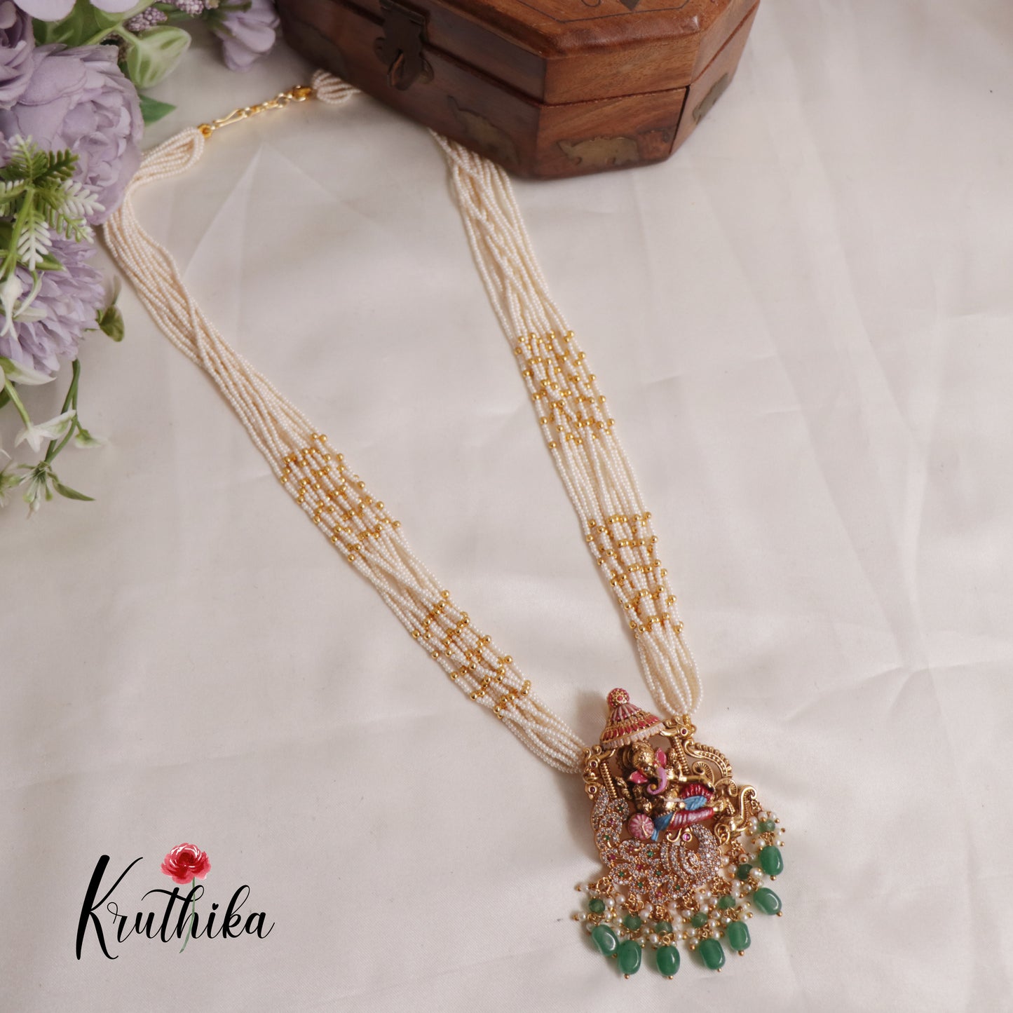 Traditional Multi Layered Perals Haaram With Beautiful Enamel Ganesha Pedant LH2007 (Available In 2 Colours)