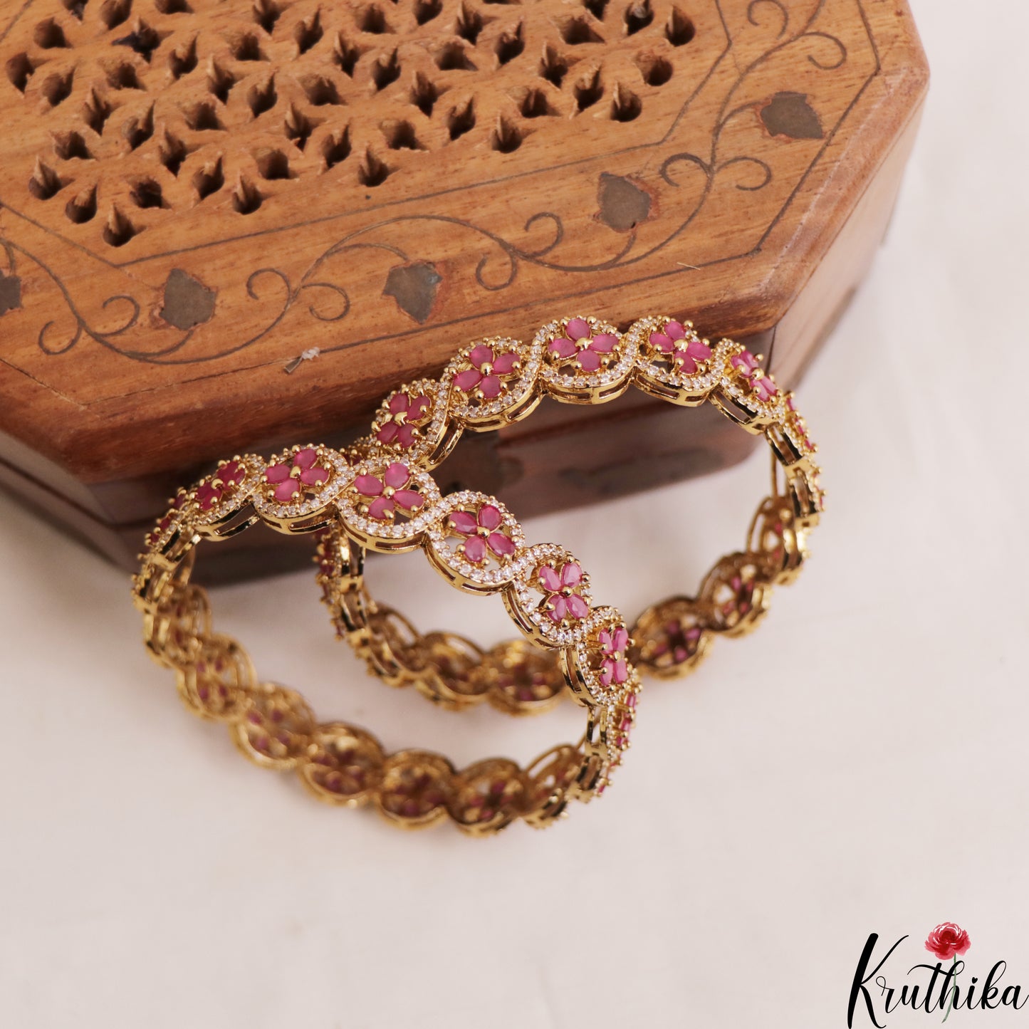 Stunning Floral Motifs Gold-Tone Diamond-Finish AD Bangles B527 (Set of 2)|(Available In 2 Colors)