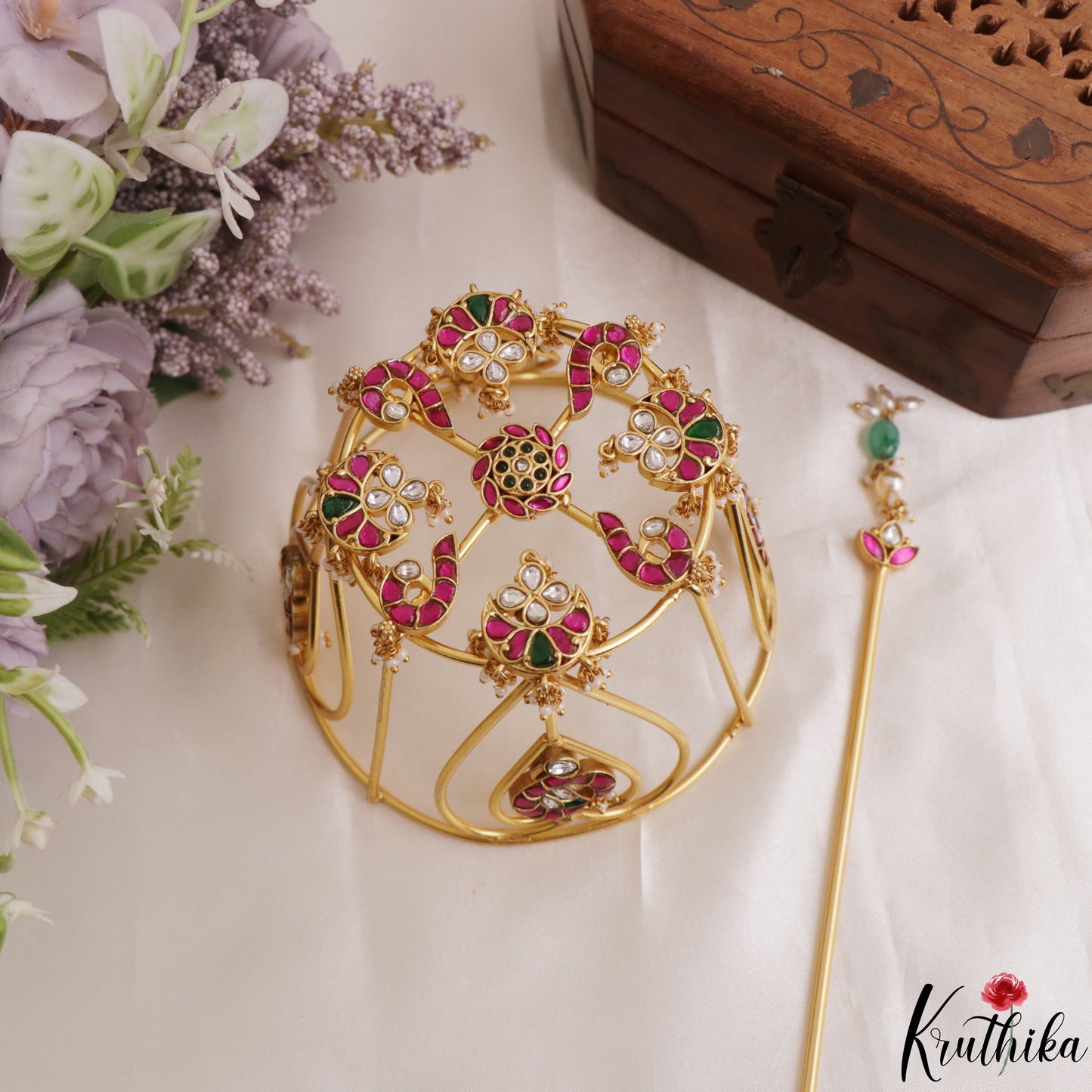 Premium Floral Peacock Motifs Jadau Golden Hair Bun J415