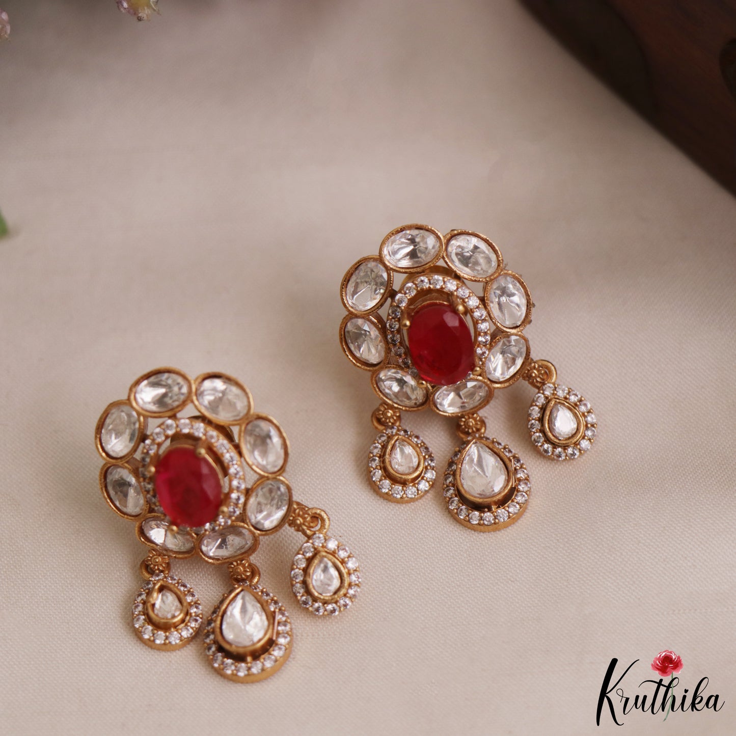 Trendy Floral Motifs Polki Victorian Stud Earrings With Teardrop Drops E1085 (Available In 4 Colors)