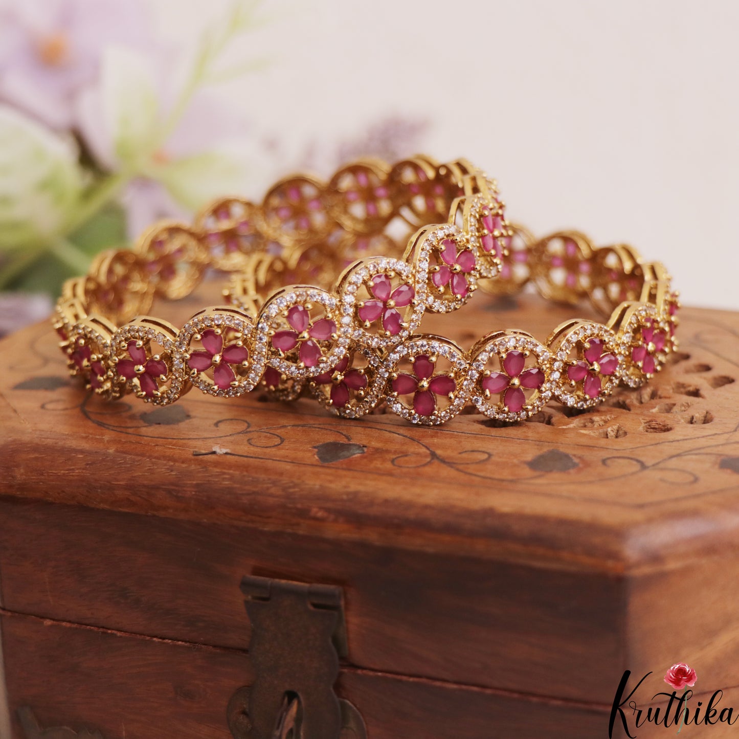 Stunning Floral Motifs Gold-Tone Diamond-Finish AD Bangles B527 (Set of 2)|(Available In 2 Colors)
