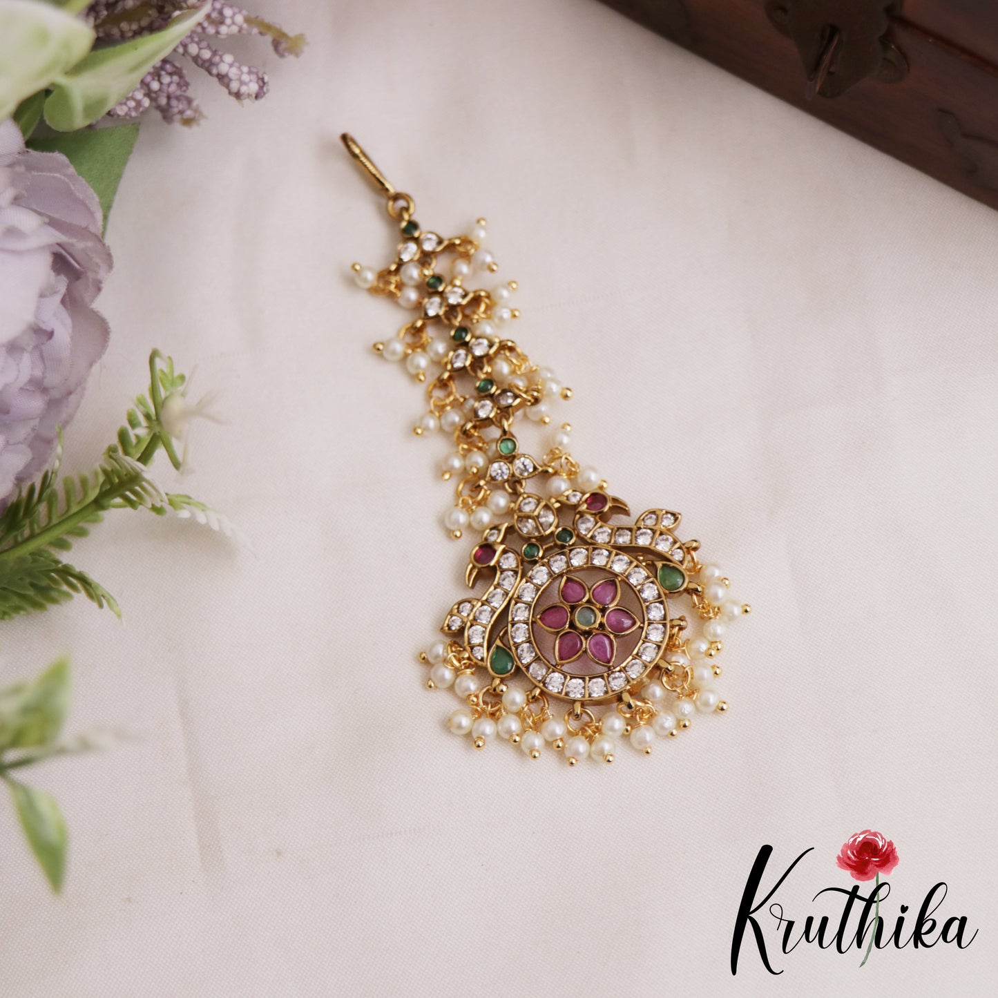 Pretty Floral Peacock Motifs Kemp Maang Tikka With Pearl Drops MT376