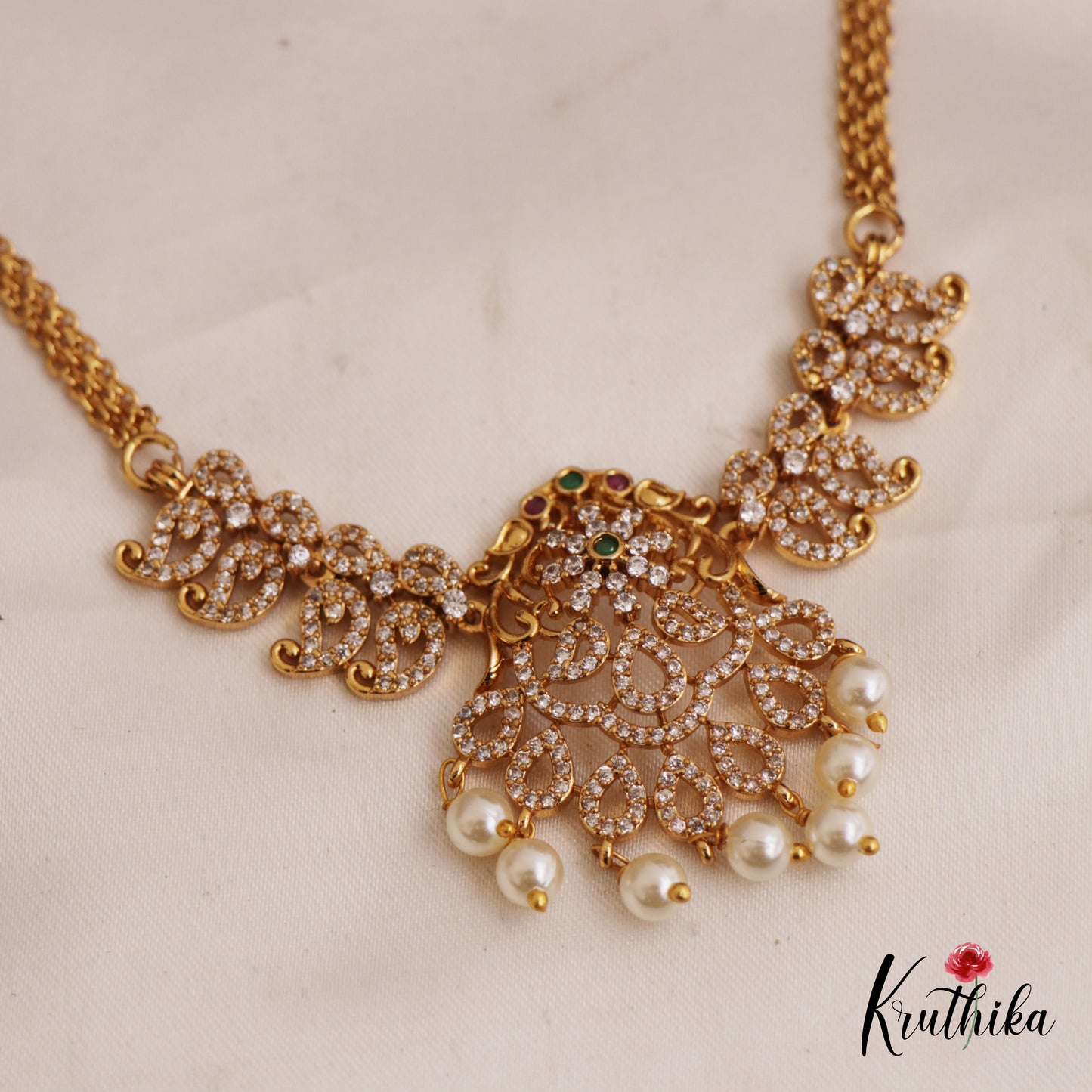Pretty AD Mango Floral Motifs Necklace With Pearl Drops NC2733