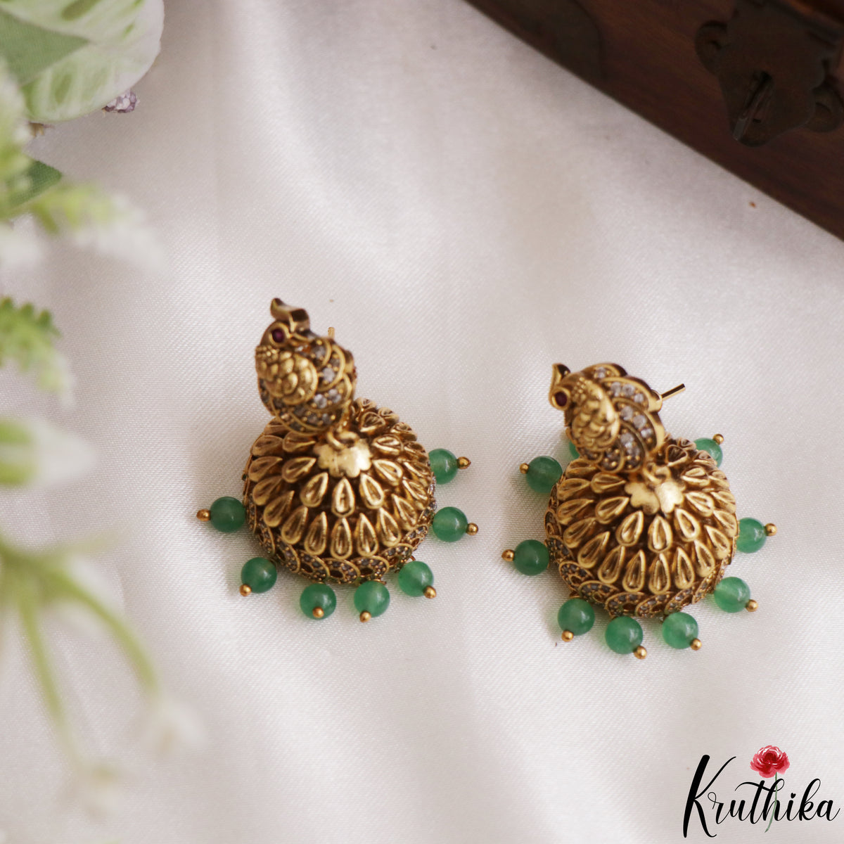 Pretty Peacock Nakshi Earrings With Green Bead Drops E1240