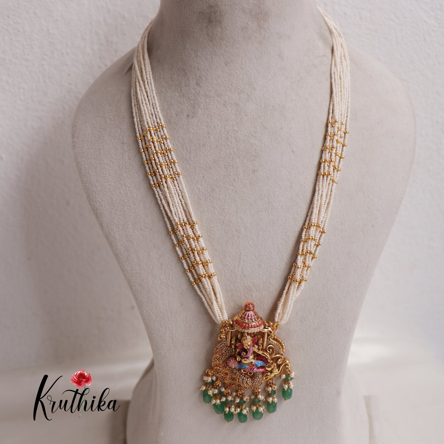 Traditional Multi Layered Perals Haaram With Beautiful Enamel Ganesha Pedant LH2007 (Available In 2 Colours)