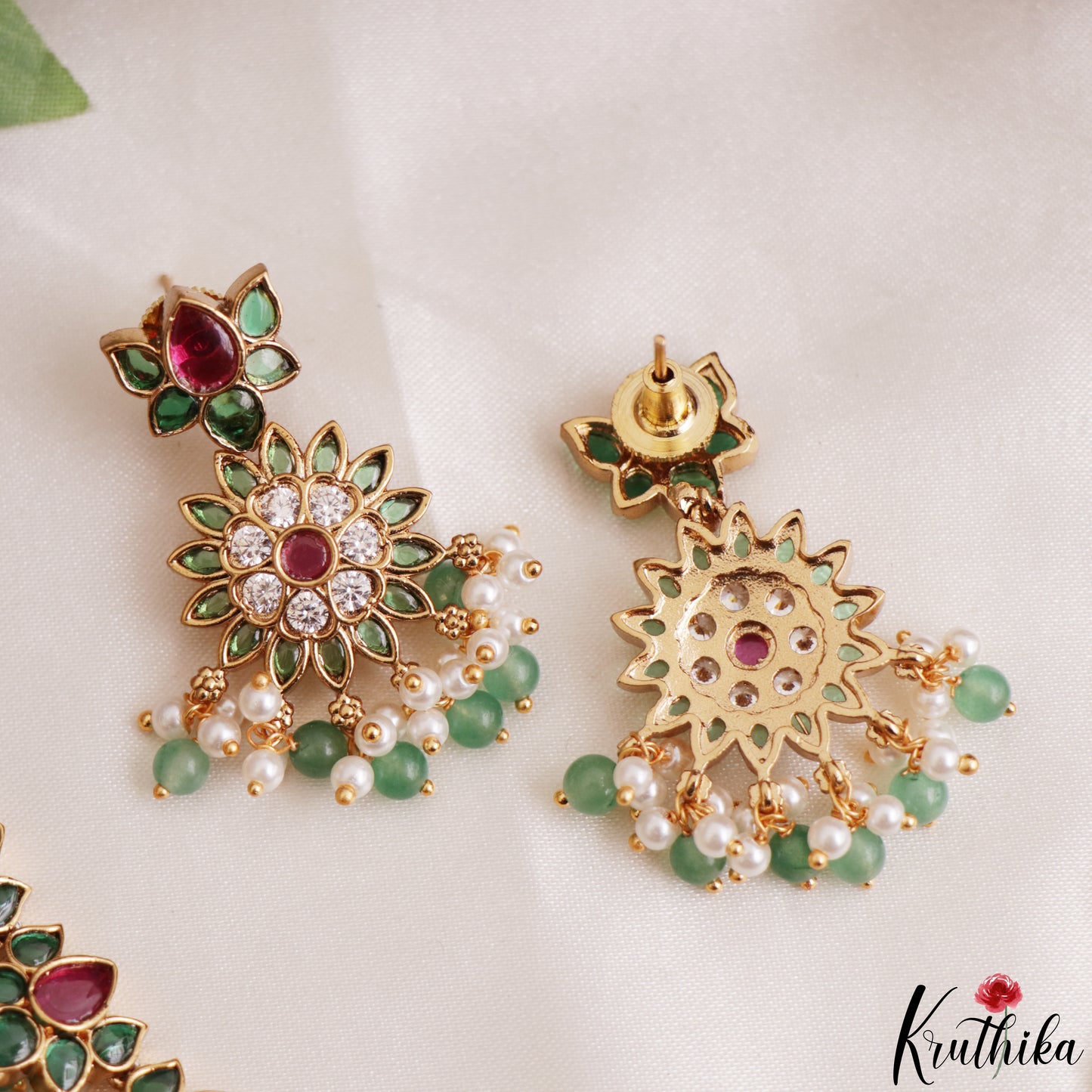 Gorgeous Floral Motifs Jadau Necklace With Green Bead Drops NC3218 (Available In 3 Colors)