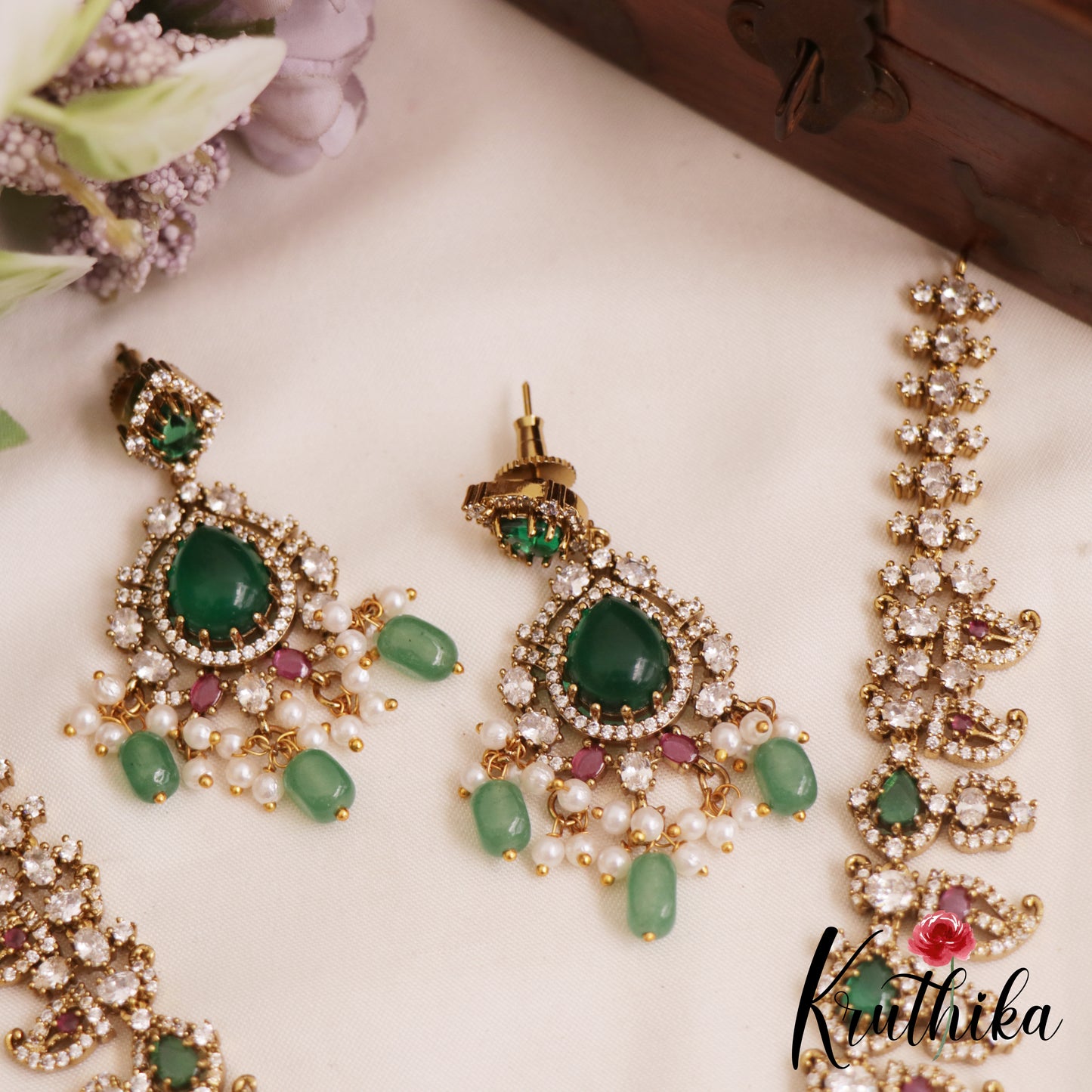 Sparkling Mango Motifs AD Victorian Necklace With Green Bead Drops NC2856 (Available In 2 Colors)