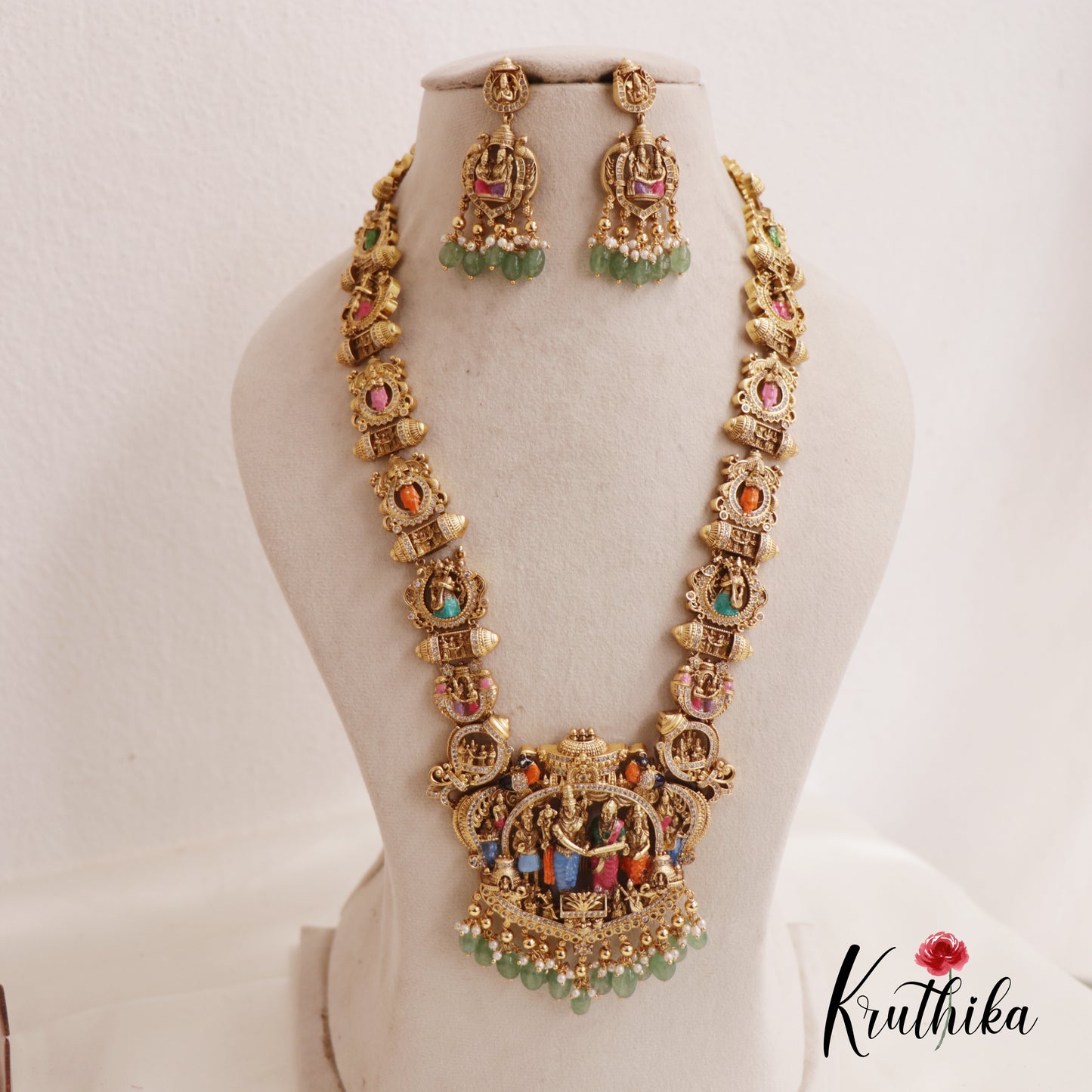 Traditional Antique Nagas Deity Motifs Haaram With Bead And Pearl Drops LH2019