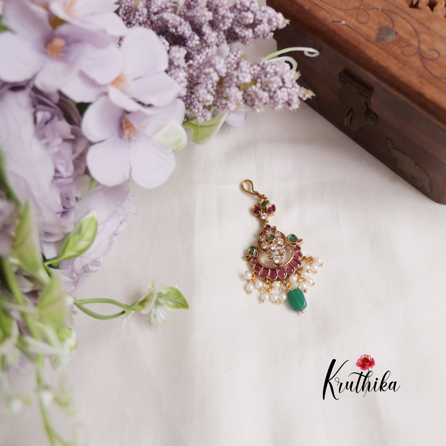 Simple Kemp Floral Maang Tikka with Beads Drops MT261