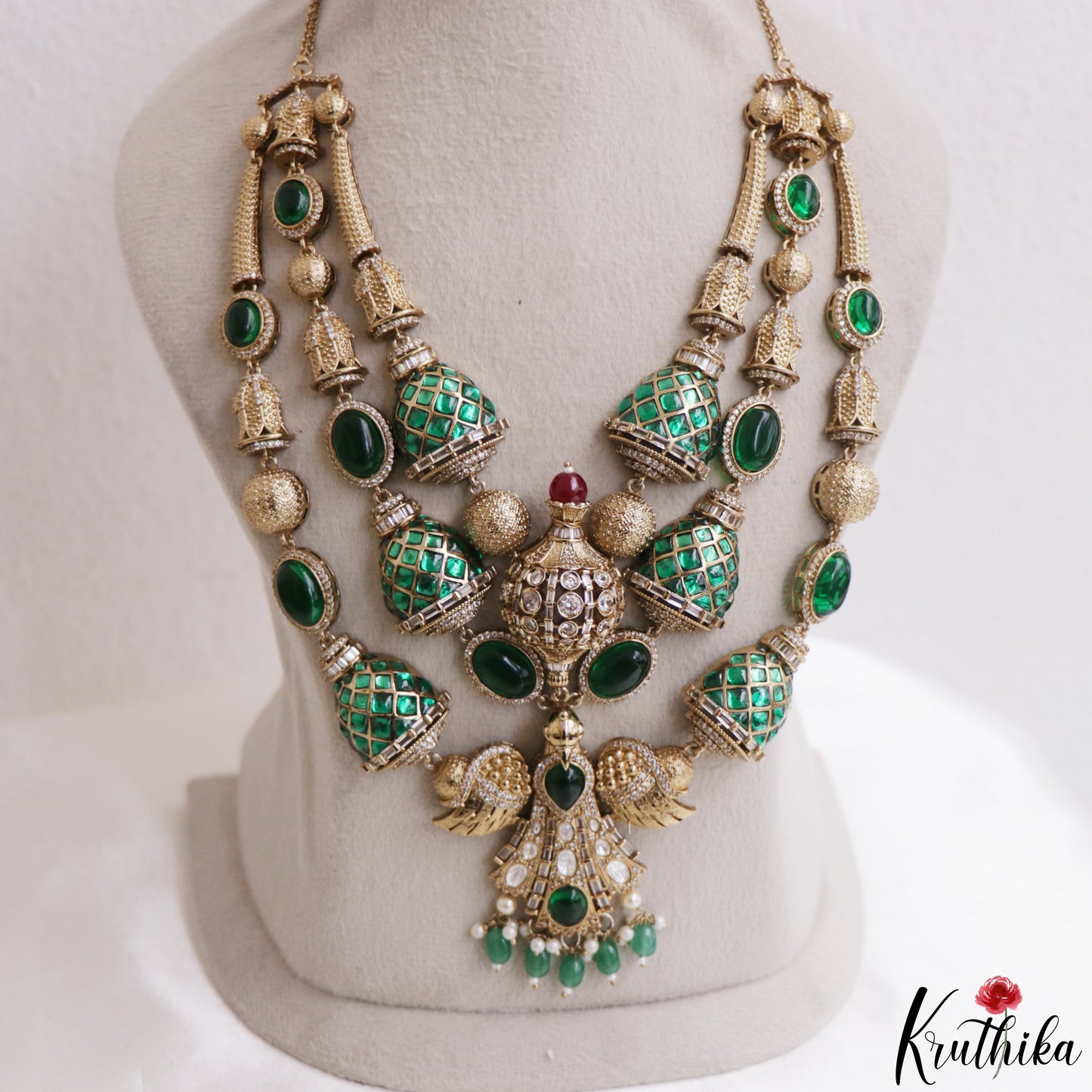 Stunning CZ Victorian Statement Haaram With Green Bead Drops LH2218 (Available In 3 Colors)