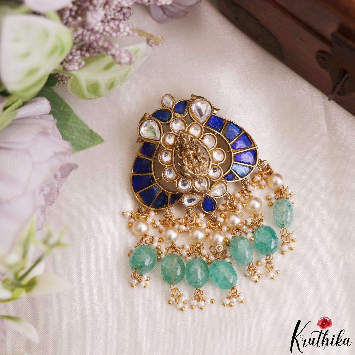 Gorgeous Antique Lakshmi Motifs Polki Jadau Pendant Set With Green Bead Drops PS307 (Available In 3 Colors)