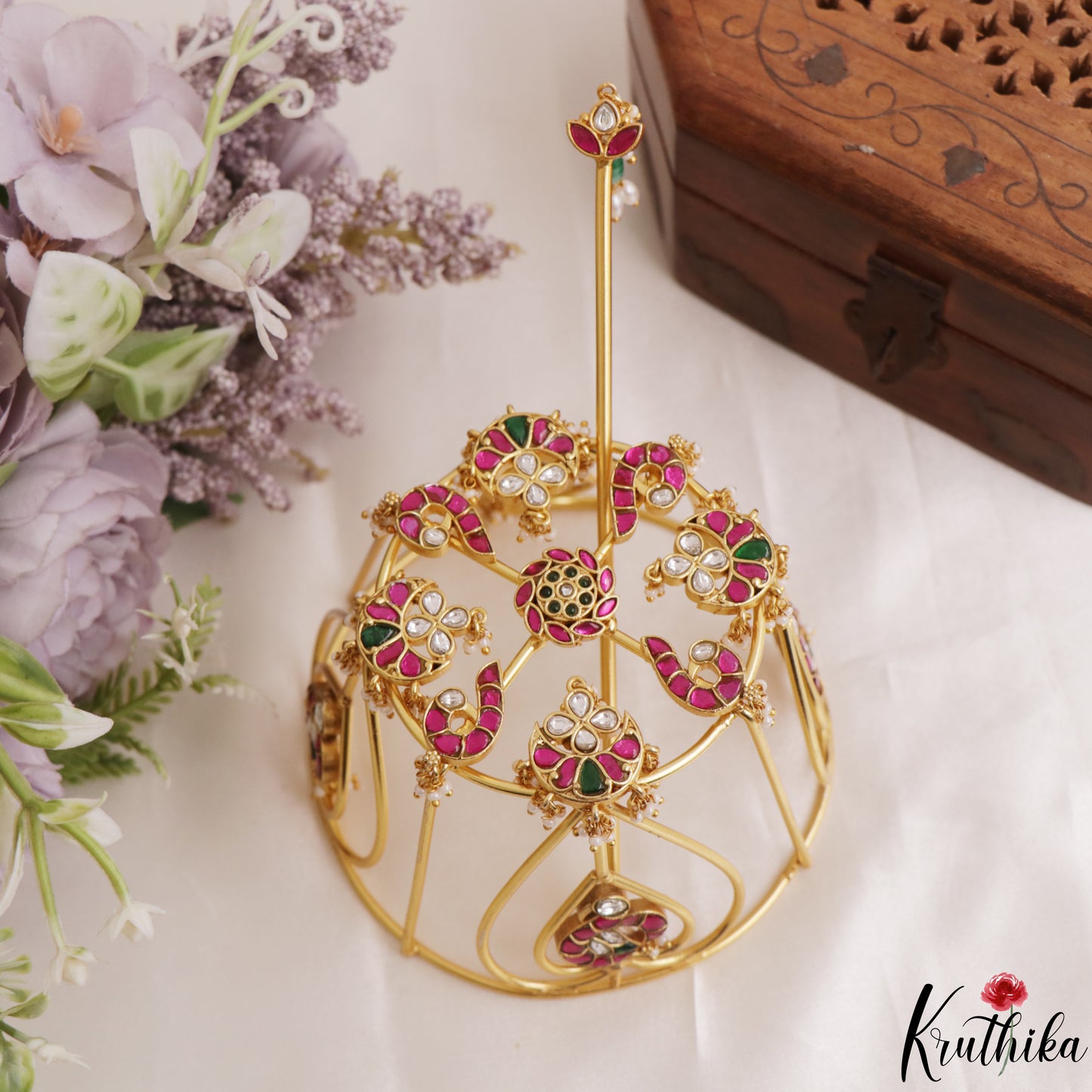 Premium Floral Peacock Motifs Jadau Golden Hair Bun J415
