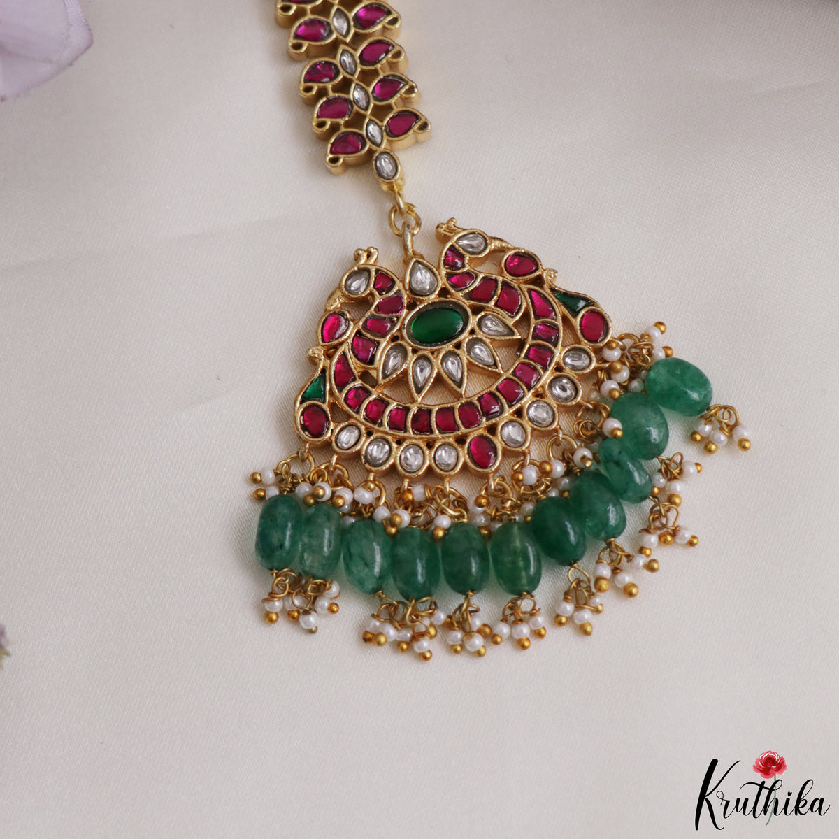 Beautiful Jadau Maang Tika With Green Bead Drops MT420