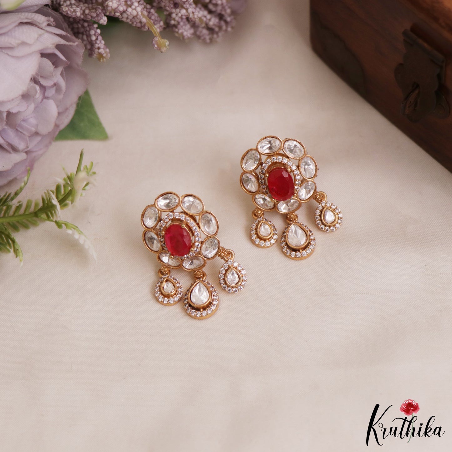 Trendy Floral Motifs Polki Victorian Stud Earrings With Teardrop Drops E1085 (Available In 4 Colors)