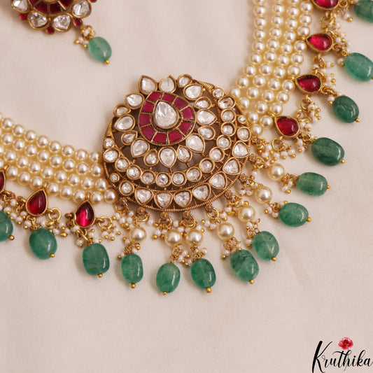 Gorgeous Floral Motifs Multi Pearl Strand Polki Jadau Choker With Green Bead Drops NC3011