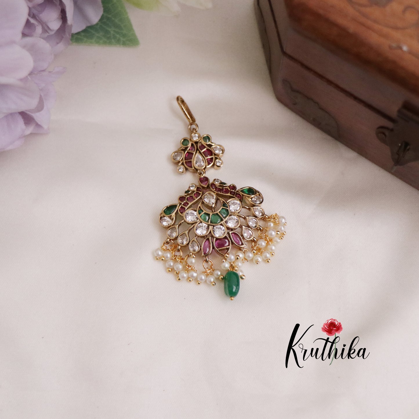 Trendy Kemp Peacock Maang Tikka with Pearls Drops MT282