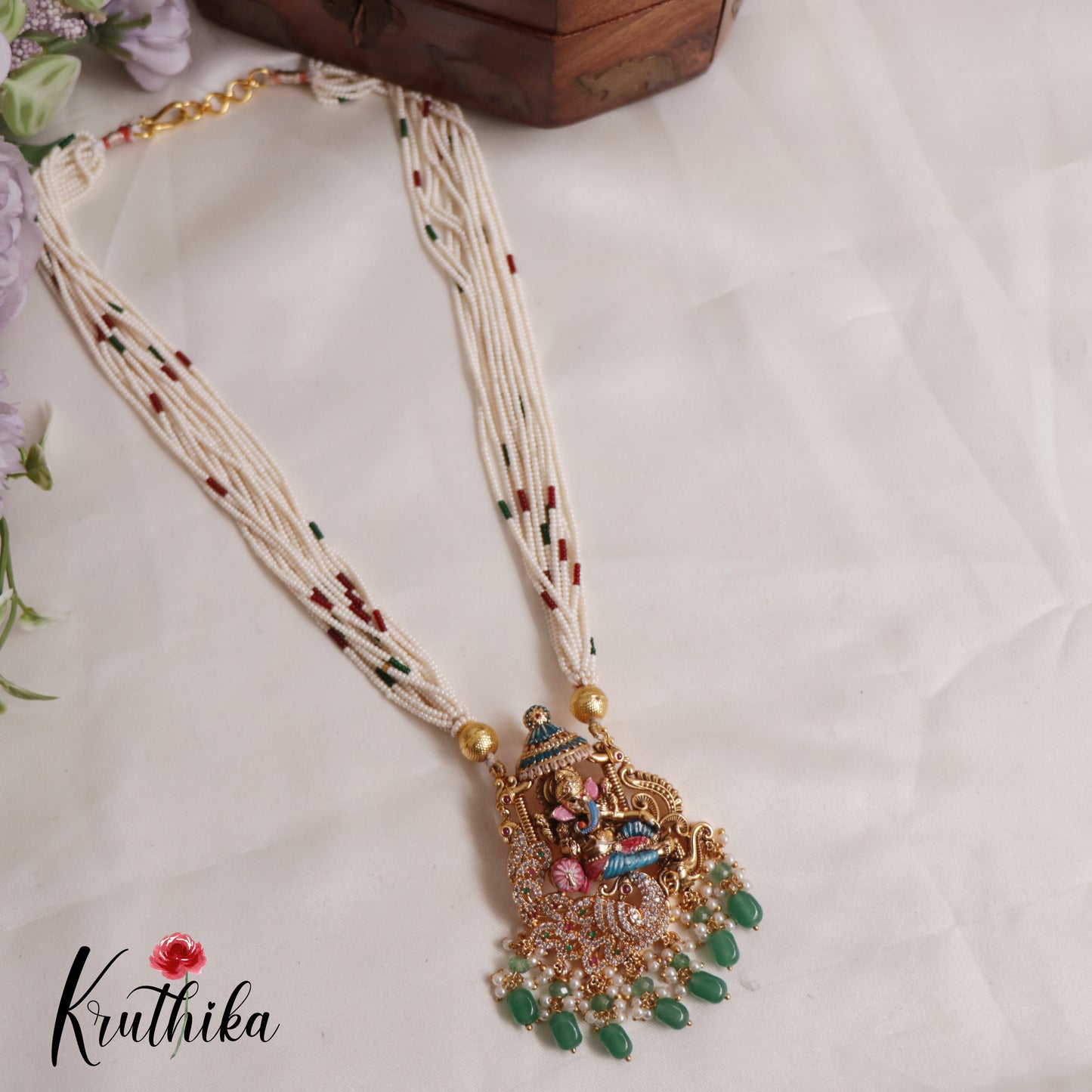 Traditional Multi Layered Perals Haaram With Beautiful Enamel Ganesha Pedant LH2006 (Available In 2 Colours)
