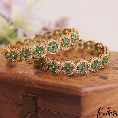 Stunning Floral Motifs Gold-Tone Diamond-Finish AD Bangles B527 (Set of 2)|(Available In 2 Colors)