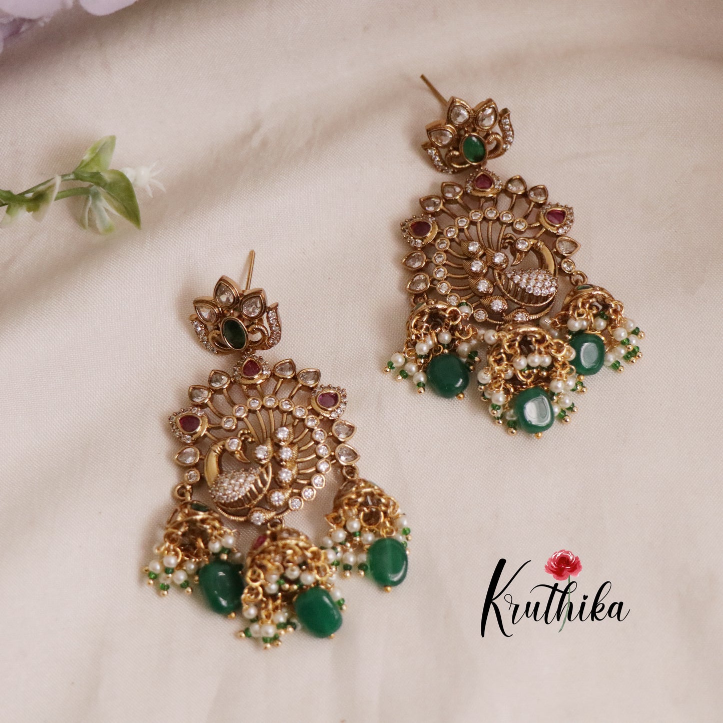 Classic CZ Peacock Triple Jhumkas E626 (Available in 2 Colours)