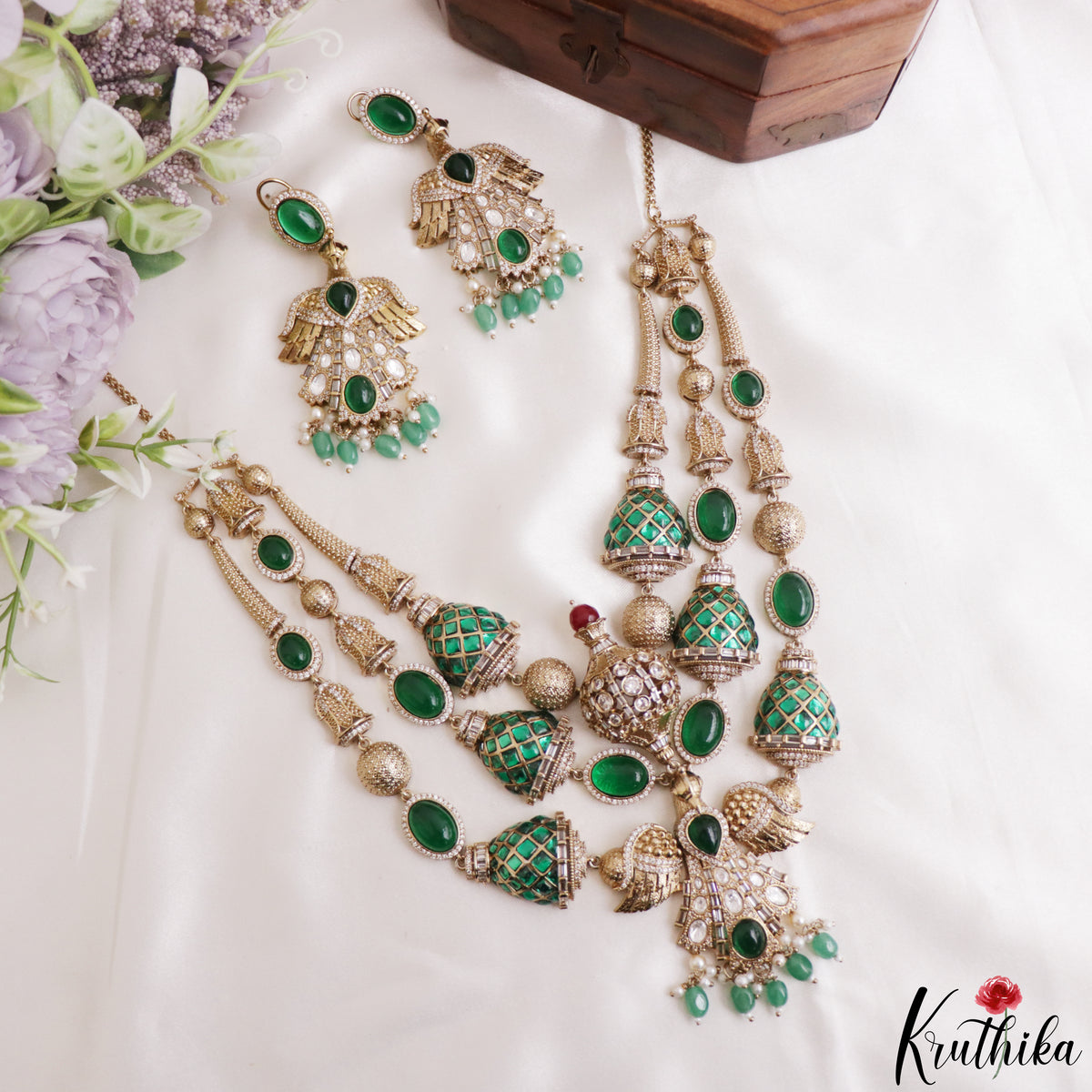 Stunning CZ Victorian Statement Haaram With Green Bead Drops LH2218 (Available In 3 Colors)