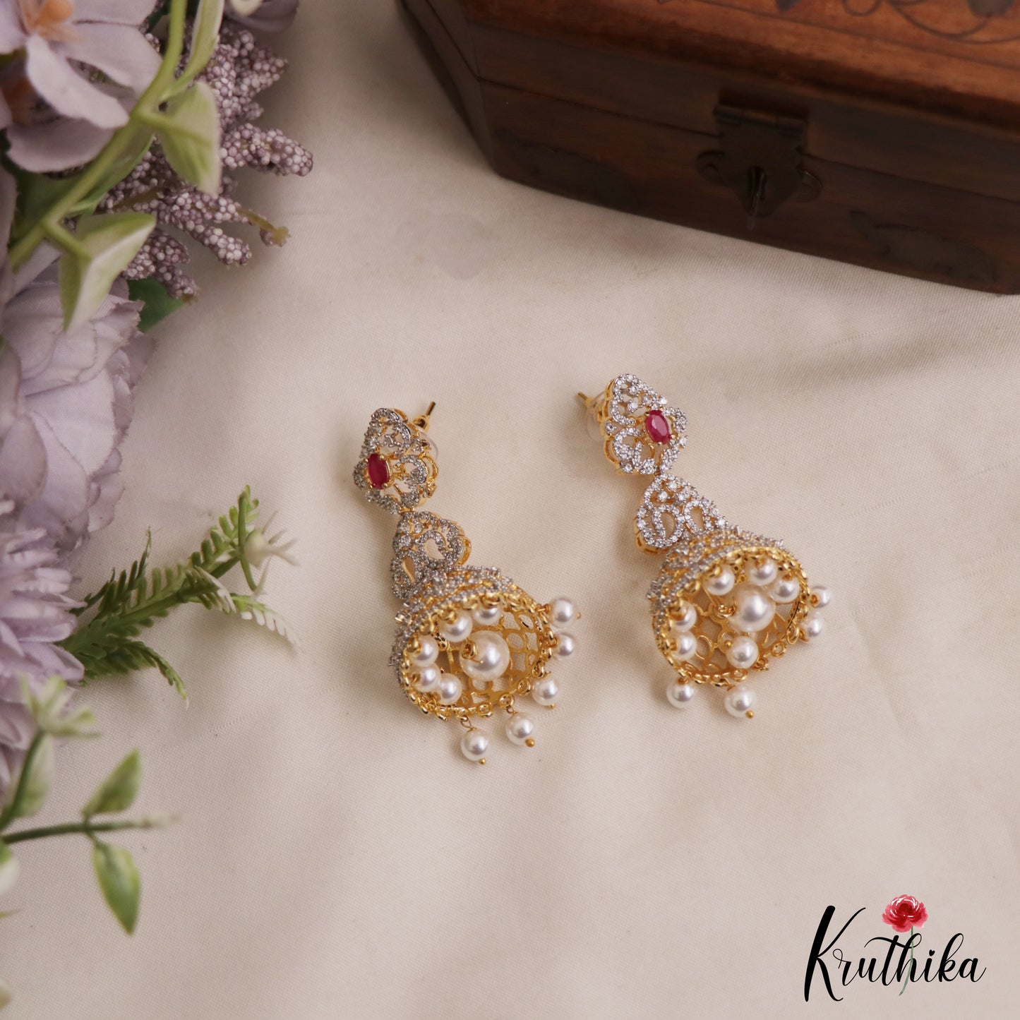 Classic Mango Motifs AD Jhumkas With Pearl Drops E1096  (Available In 3 Colors)