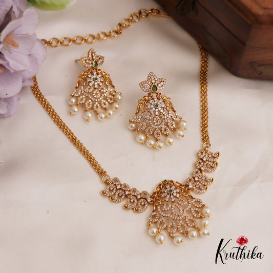 Pretty AD Mango Floral Motifs Necklace With Pearl Drops NC2733