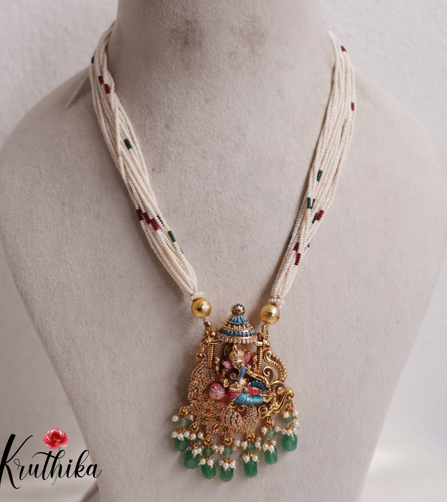 Traditional Multi Layered Perals Haaram With Beautiful Enamel Ganesha Pedant LH2006 (Available In 2 Colours)
