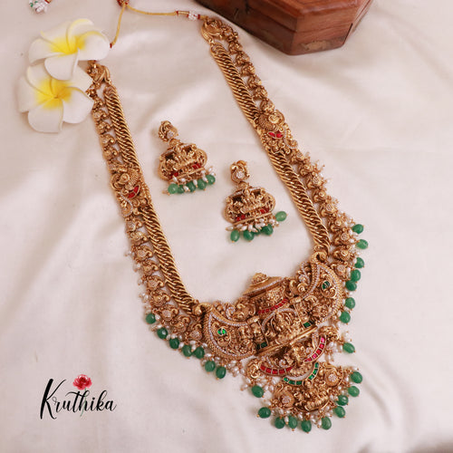 Royal Grand Nagas Jadau Temple Haaram with Green Beads LH1807