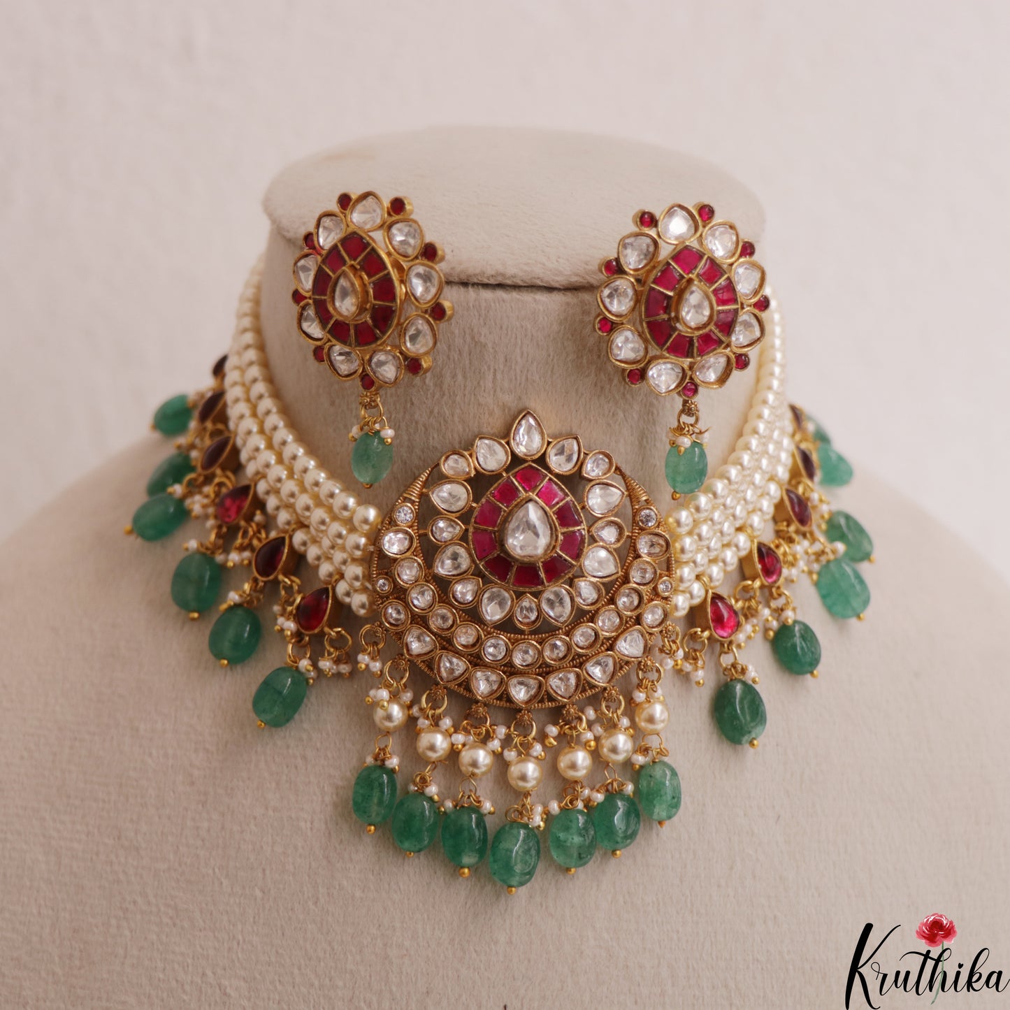 Gorgeous Floral Motifs Multi Pearl Strand Polki Jadau Choker With Green Bead Drops NC3011