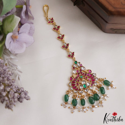 Beautiful Jadau Maang Tika With Green Bead Drops MT421