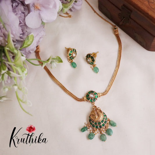 Simple Peacock Jadau Necklace with Green Beads Drops NC2210