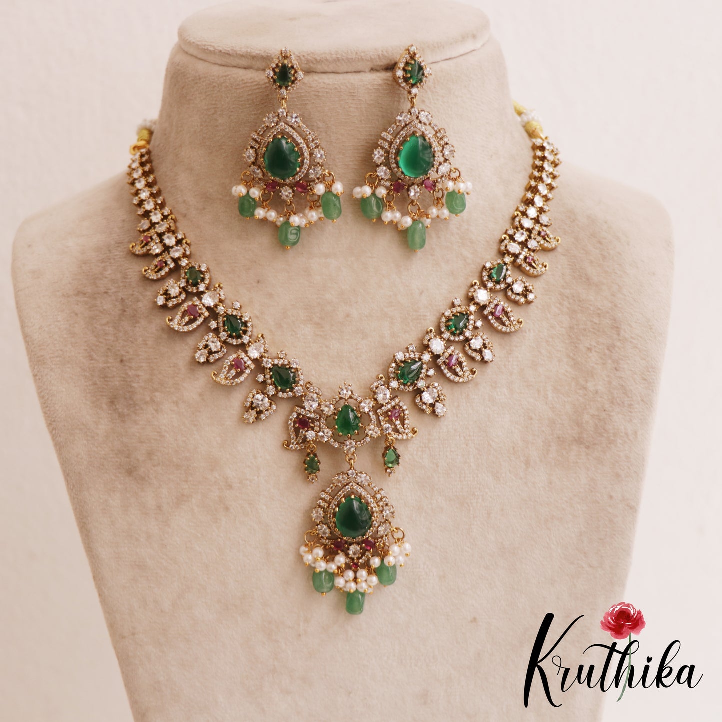 Sparkling Mango Motifs AD Victorian Necklace With Green Bead Drops NC2856 (Available In 2 Colors)