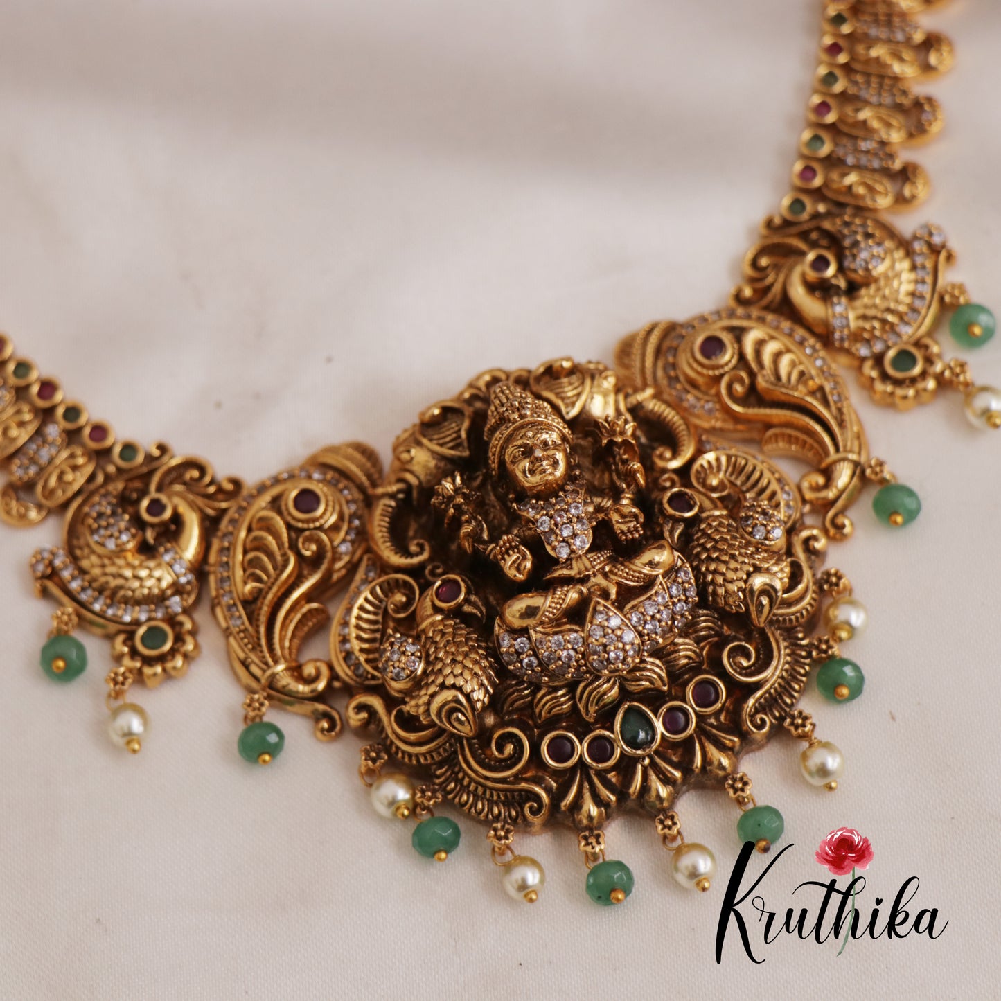 Premium Antique Nagas Lakshmi Peacock Motifs Necklace With Pearl And Bead Drops NC2611