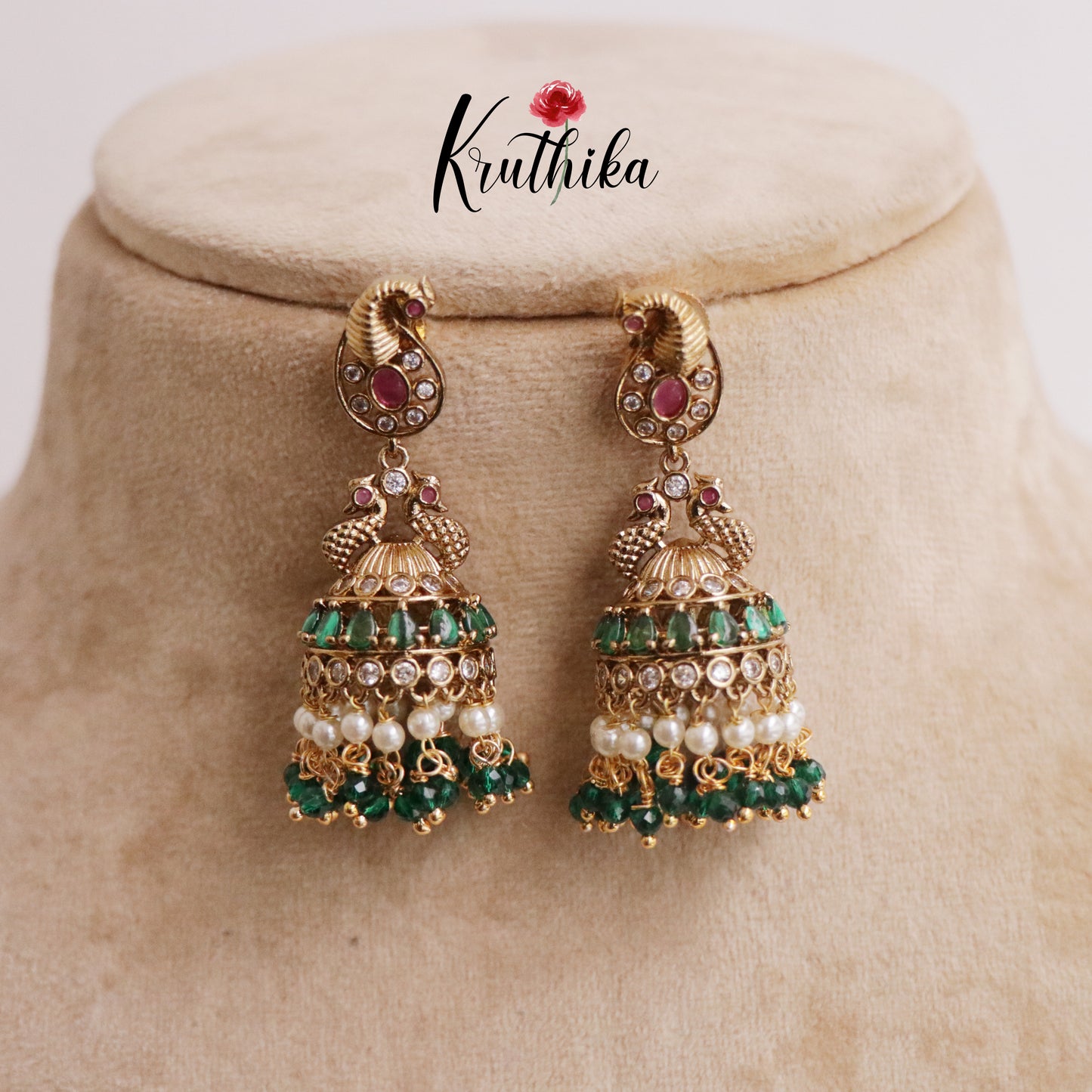 Simple Kemp Peacock Jhumka with Beads Drops E633  (Available in 3 Colors)