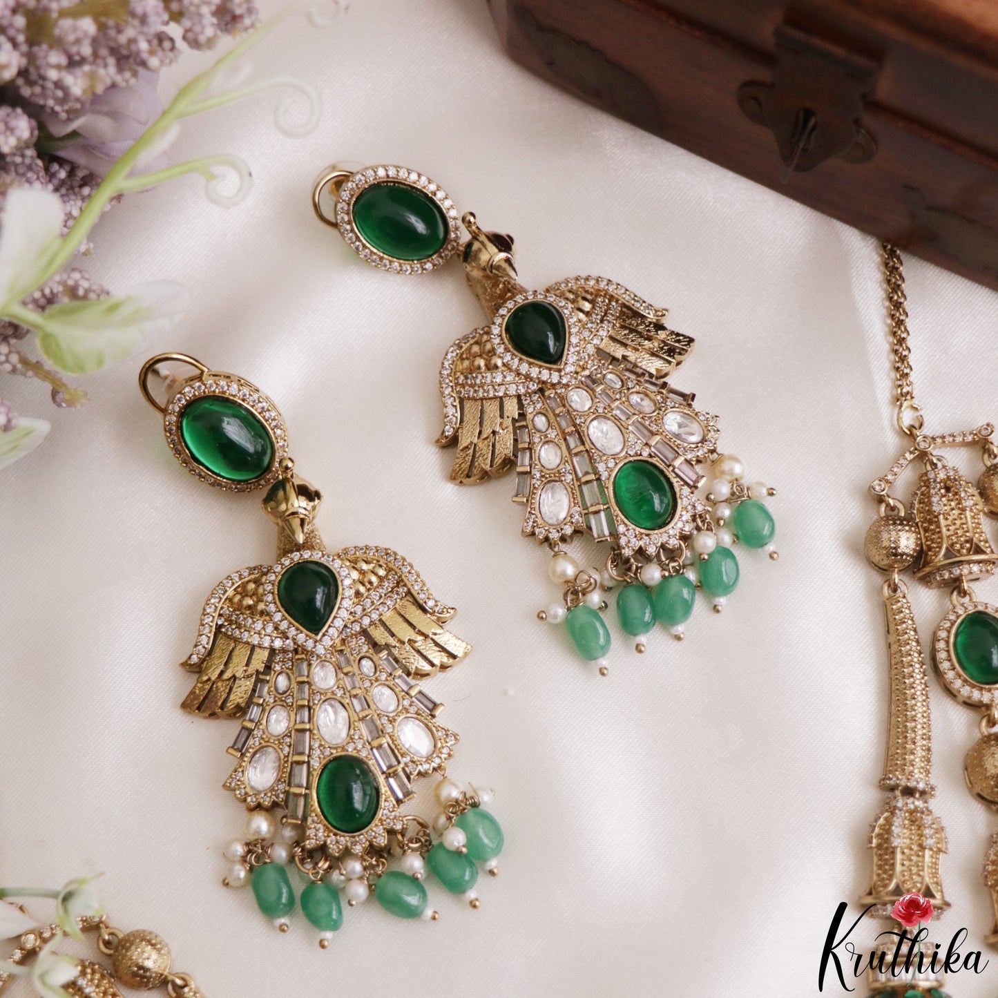Stunning CZ Victorian Statement Haaram With Green Bead Drops LH2218 (Available In 3 Colors)