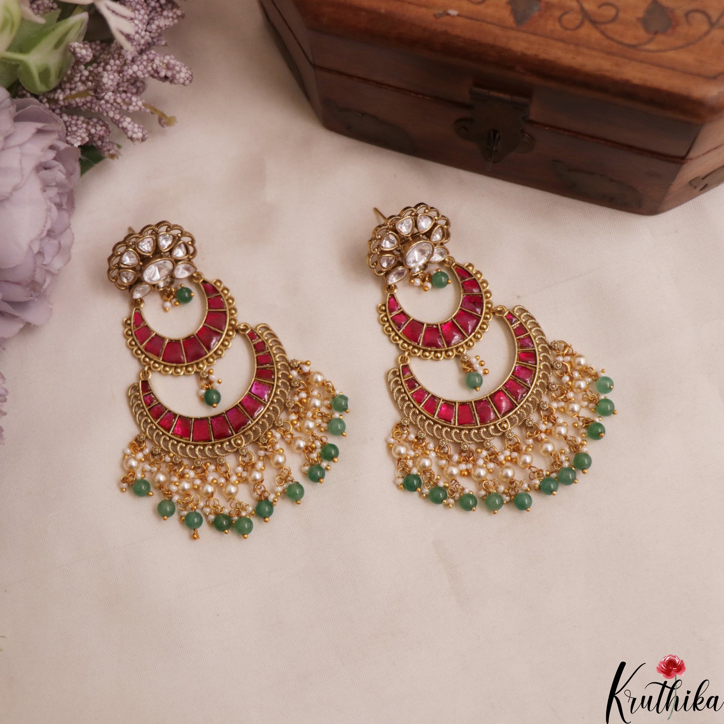 Premium Floral Polki Chandbali Jadau Earrings With Pearl Bead Drops E1139 (Available In 2 Colors)
