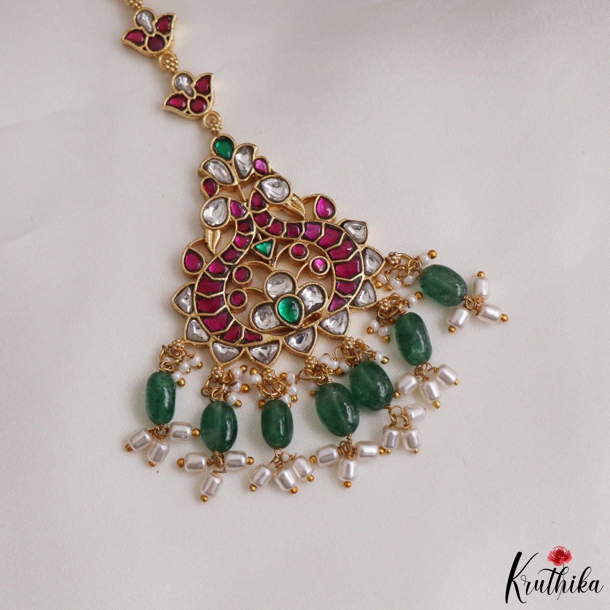 Beautiful Jadau Maang Tika With Green Bead Drops MT421