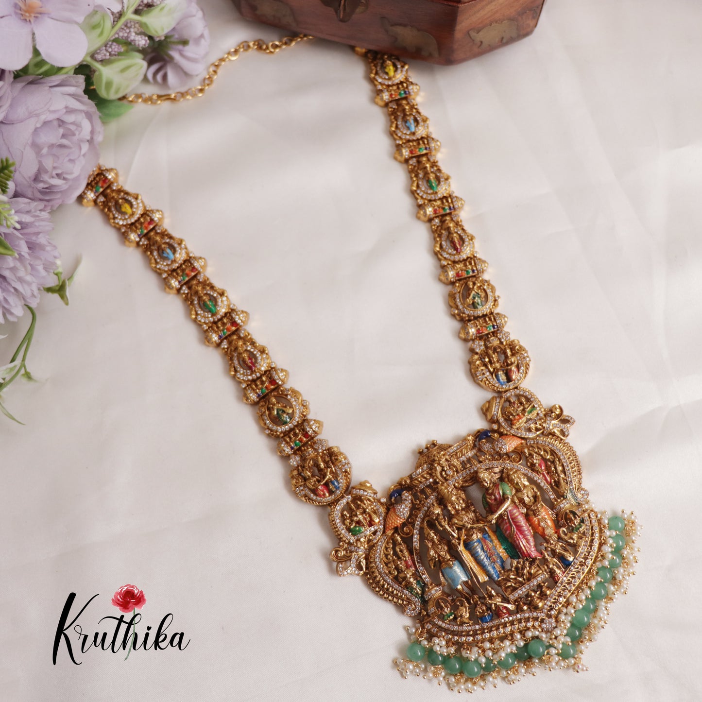 Intricate Hand painted Srinivasa kalyanam haaram with green bead drops LH2001