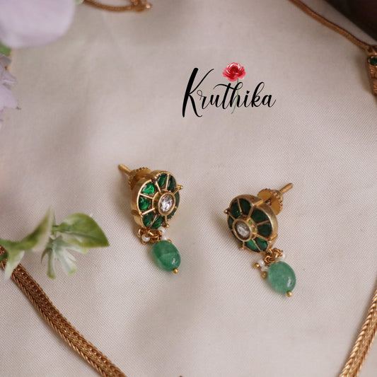 Simple Peacock Jadau Necklace with Green Beads Drops NC2210