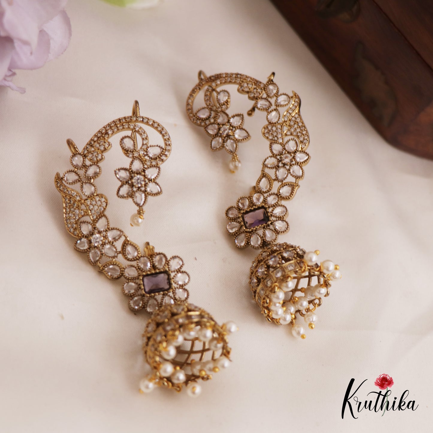Stunning Floral Motifs AD Victorian Ear Cuff With Jhumkas E946 (Available In 3 Colors)