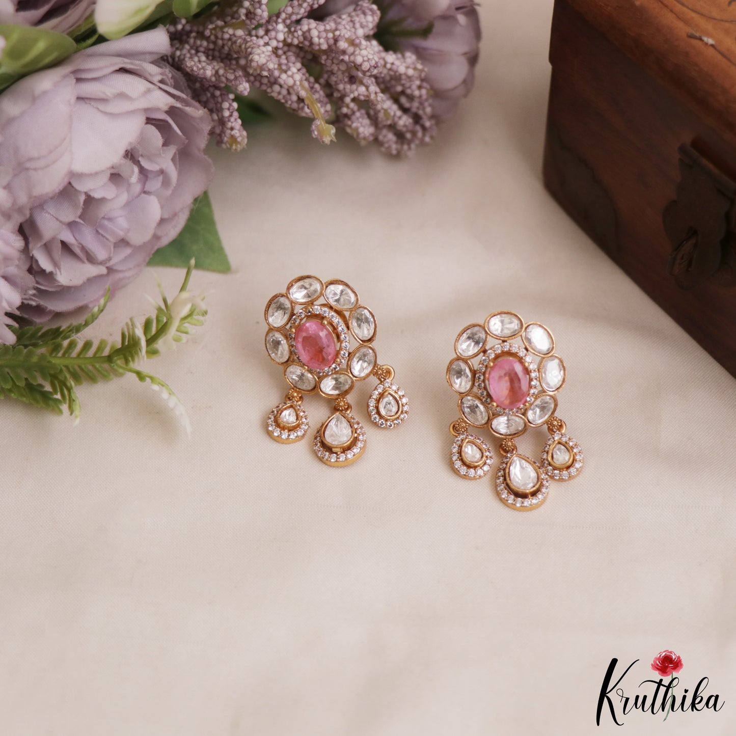 Trendy Floral Motifs Polki Victorian Stud Earrings With Teardrop Drops E1085 (Available In 4 Colors)