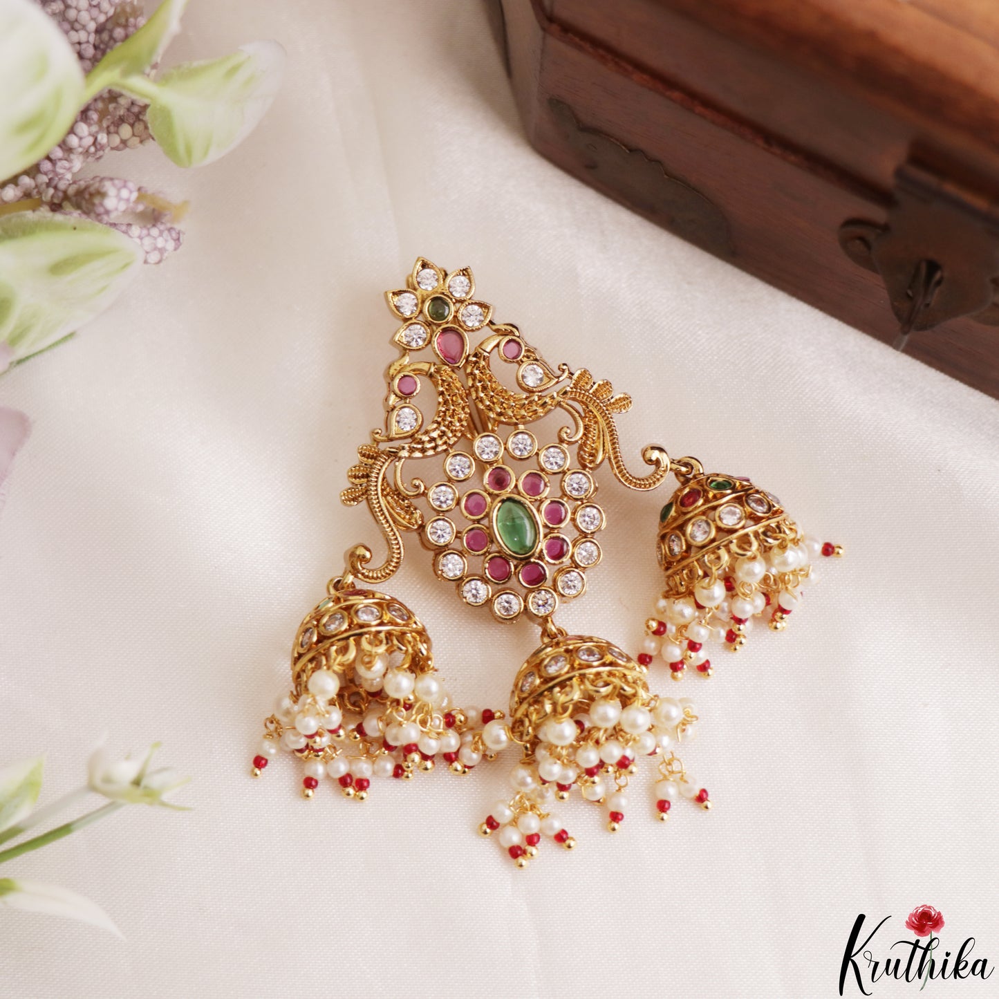 Classic Floral Peacock Motis Jhumka Jada Billa With Pearl Bead Drops J430 (Available In 2 Colors)