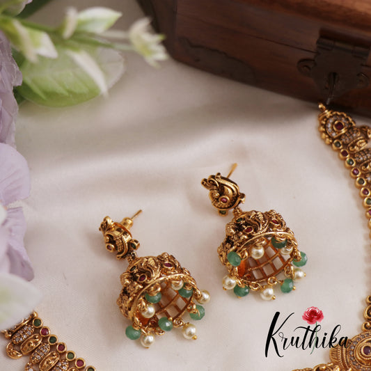 Premium Antique Nagas Lakshmi Peacock Motifs Necklace With Pearl And Bead Drops NC2611