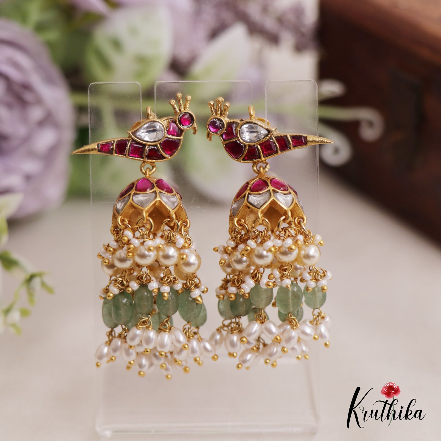 Premium Peacock Motifs Jhumka Jadau Earrings With Pearl And Bead Drops E845